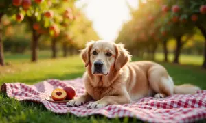 Złoty retriever leży na piknikowym kocu obok brzoskwiń. Czy pies może jeść brzoskwinie? To pytanie nurtuje wielu właścicieli czworonogów.