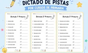 Hojas de dictado para 1º, 2º y 3º de primaria con ejercicios de vocabulario y escritura.