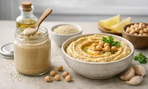 Pasta sezamowa tahini w słoiku, miska hummusu, ciecierzyca, cytryna i czosnek.