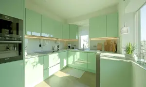 Moderne Küche in mint Farbe mit integrierten Geräten, Spüle und viel Stauraum. Helle Holzfußböden und ein großes Fenster lassen viel Licht herein.