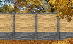 Piękny, dwukolorowy beton dekoracyjny, który można odświeżyć, pytając czym pomalować beton dekoracyjny. Jesienne liście wokół.
