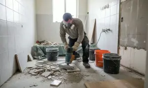 Operaio con maschera e occhiali demolisce piastrelle pavimento. Il cantiere è in corso, con secchi e detriti. Valutazione costo demolizione pavimento.