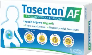 Opakowanie Tasectan AF, 12 saszetek bez smaku, łagodzi objawy biegunki, jest odpowiedni dla wegan, bez glutenu i laktozy.