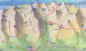 Mapa turystyczna Tatr Słowackich: szlaki w rejonie Szczyrbskiego Jeziora i Doliny Mięguszowieckiej.
