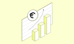 Aufsteigende Balken und ein Euro-Symbol auf einem Diagramm zeigen, wie man mit Aktien Geld verdienen kann.