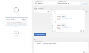 Un flux de travail avec une étape de transformation JSON JQ. L'expression JQ transforme les données pour mapper les champs email et id.