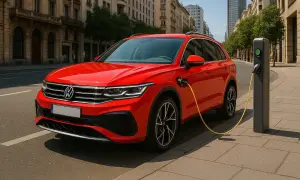 Un'auto rossa ibrida plug-in in carica, che mostra come funziona ibrido plug in.