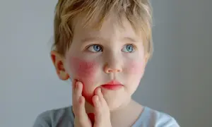 Chłopiec z niebieskimi oczami i blond włosami, z widocznymi, rumianymi policzkami. Dotyka palcami swojej twarzy.