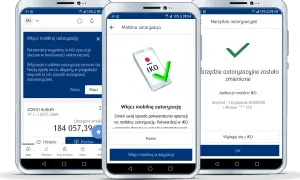 Jak pobrać aplikację IKO na telefon? Trzy ekrany smartfonów pokazują proces włączania autoryzacji mobilnej w aplikacji bankowej.