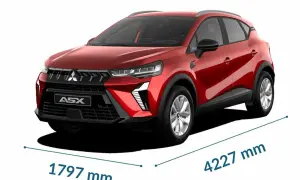 Czerwony Mitsubishi ASX, z wymiarami 1797 mm szerokości i 4227 mm długości, prezentuje nowoczesny design.
