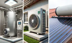 Moderne Heizung für Ihr Haus: Wärmepumpe, Solarthermie und ein großer Warmwasserspeicher sorgen für Effizienz.