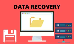 Grafika przedstawia komputer z otwartym folderem, dyskietkę i serwery. Tekst "DATA RECOVERY" sugeruje, że chodzi o programy do odzyskiwania danych.