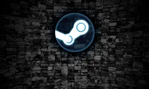 Niebieskie logo Steam na tle mozaiki okładek gier.