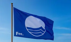 Błękitna flaga z symbolem fal i napisem "Fee" powiewa na maszcie na tle błękitnego nieba.