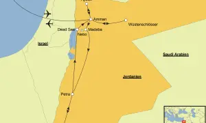 Reiseroute durch Jordanien: Amman, Wüstenschlösser, Totes Meer, Madaba, Nebo, Petra, Wadi Rum. Flugrouten und Nachbarländer wie Israel und Saudi-Arabien sind markiert.