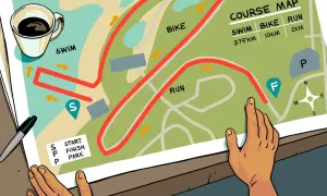 Course map showing swim, bike, and run routes with distances, perfect for beginner triathlon distances.