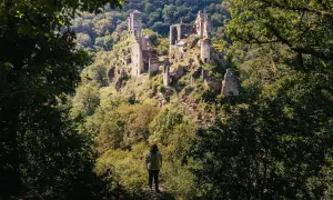 Une personne contemple les ruines d'un château perché sur une colline boisée. Une belle idée de que faire en Corrèze pour les amateurs d'histoire et de nature.