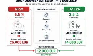 Vergleich der Grunderwerbsteuer in NRW (6,5%) und Bayern (3,5%) bei 400.000 EUR Kaufpreis. Ersparnis beim Kauf in Bayern: 12.000 EUR.