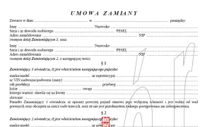 Umowa zamiany samochodu: dokument zawiera dane stron, szczegóły pojazdów i oświadczenia o własności.