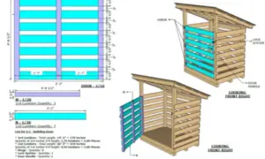 Detaljerad vedbod ritning med mått och materiallista. En ritning för en vedbod som visar konstruktion och delar.