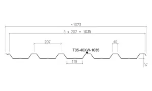 Profil blachy trapezowej T35-40XW-1035 z wymiarami: szerokość całkowita ~1073 mm, szerokość krycia 1035 mm, wysokość profilu 34 mm, rozstaw żeber 207 mm.