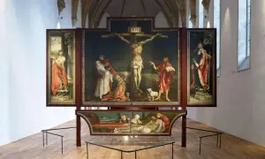 Der Isenheimer Altar zeigt die Kreuzigung Christi, Maria, Johannes und Maria Magdalena. Unten die Grablegung.