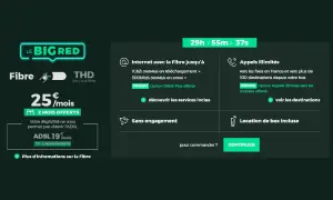 Offre Fibre BIG RED : 25€/mois avec 2 mois offerts. La box incluse propose internet jusqu'à 1Gb/s et appels illimités.