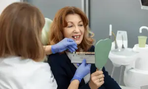 Dentystka pokazuje pacjentce wzornik kolorów, by dobrać idealny odcień licówek. Proces tworzenia pięknego uśmiechu.