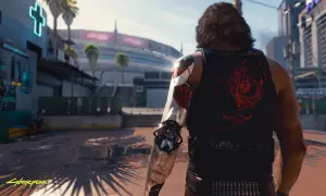 Cyberpunk czas gry: mężczyzna z cybernetycznym ramieniem i koszulką z logo Samurajów stoi na tle futurystycznego miasta.