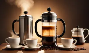 En fransk press kaffe med ånga som stiger från en kaffebryggare och koppar. Kaffebönor sprids ut på bordet.