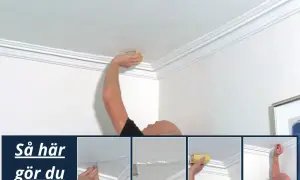 Man lagar sprickor i taket med spackel och sandpapper. Flera bilder visar hur man gör.