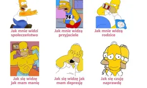 Homer Simpson w sześciu odsłonach, ilustrujących różne stany emocjonalne, od euforii po przygnębienie, odzwierciedlające chorobę dwubiegunową.