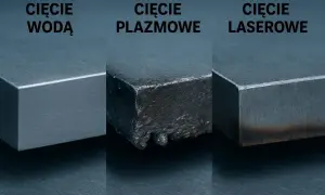 Porównanie efektów cięcia: gładka krawędź po cięciu wodą, szorstka po plazmowym i lekko przypalona po laserowym.