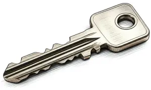 Llave metálica plateada con dientes dentados sobre fondo blanco.