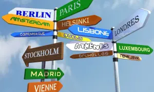 Señalización de ciudades europeas, como París, Berlín, Madrid y Londres, ideal para estudiantes que buscan becas Erasmus.