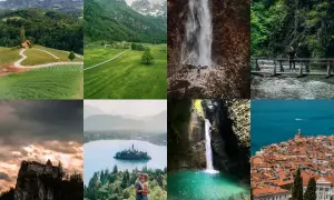 Słowenia atrakcje turystyczne: winnice, góry, wodospady, jezioro Bled, zamek i miasteczko nad morzem.