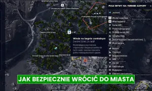 Mapa z gry Arc Raiders z zaznaczonymi celami i wskazówkami, jak bezpiecznie wrócić do miasta.