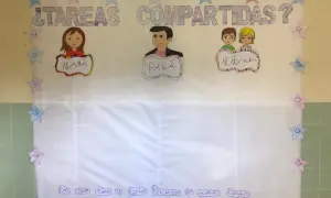 Póster sobre "Tareas Compartidas" con dibujos de mamá, papá y niños. Ideal para actividades del Día de la Mujer, promoviendo la equidad en casa.