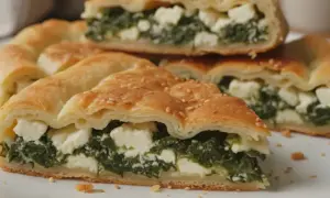Pyszny borek ze szpinakiem i fetą, posypany sezamem, na białym talerzu.