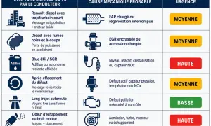 Tableau des symptômes de dysfonctionnement du système SCR, causes probables et urgence.