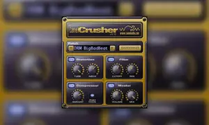 Camel Crusher audio plugin interface with knobs for distortion, filter, compressor, and master. The "DRM BigBadBeat" patch is selected.