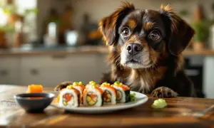 Zastanawiasz się, czy pies może jeść sushi? Ten słodki piesek z zaciekawieniem patrzy na talerz pełen sushi, jakby sam sobie zadawał to pytanie.