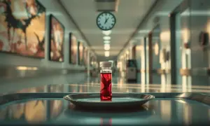 Szklana fiolka z czerwoną próbką na tacy w szpitalnym korytarzu. Zegar na ścianie sugeruje, ile się czeka na badania krwi.