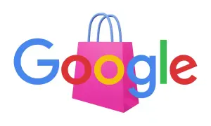 Logo Google z różową torbą na zakupy. Dowiedz się, jak dodać swoje produkty do Google Zakupy.