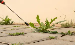 Oprysk z octu na chwasty rosnące między płytkami chodnikowymi. Zwalczanie niechcianej roślinności naturalnym sposobem.