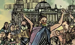 Menschen mit erhobenen Fäusten und Megafonen protestieren vor einem Gebäude. Eine Person trägt eine Maske mit Regenbogenfarben, ein Zeichen für die woke Bewegung.