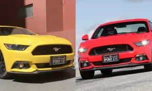 Dwa Fordy Mustang 2.3 Ecoboost: żółty zaparkowany przy budynku, czerwony w ruchu.