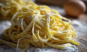 Nystekta, egengjord pasta på ett mjölat träbord. Ett ägg syns i bakgrunden, redo att bli en del av den hemlagade magin.