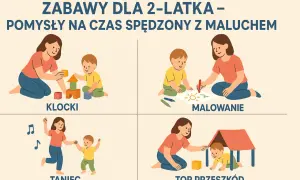 Pomysły na zabawy dla dwulatka w domu: budowanie z klocków, malowanie, taniec i tor przeszkód.