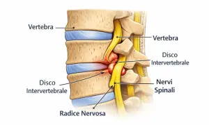 Compressione di una radice nervosa da ernia discale, causa comune di sintomi sciatica gamba destra.